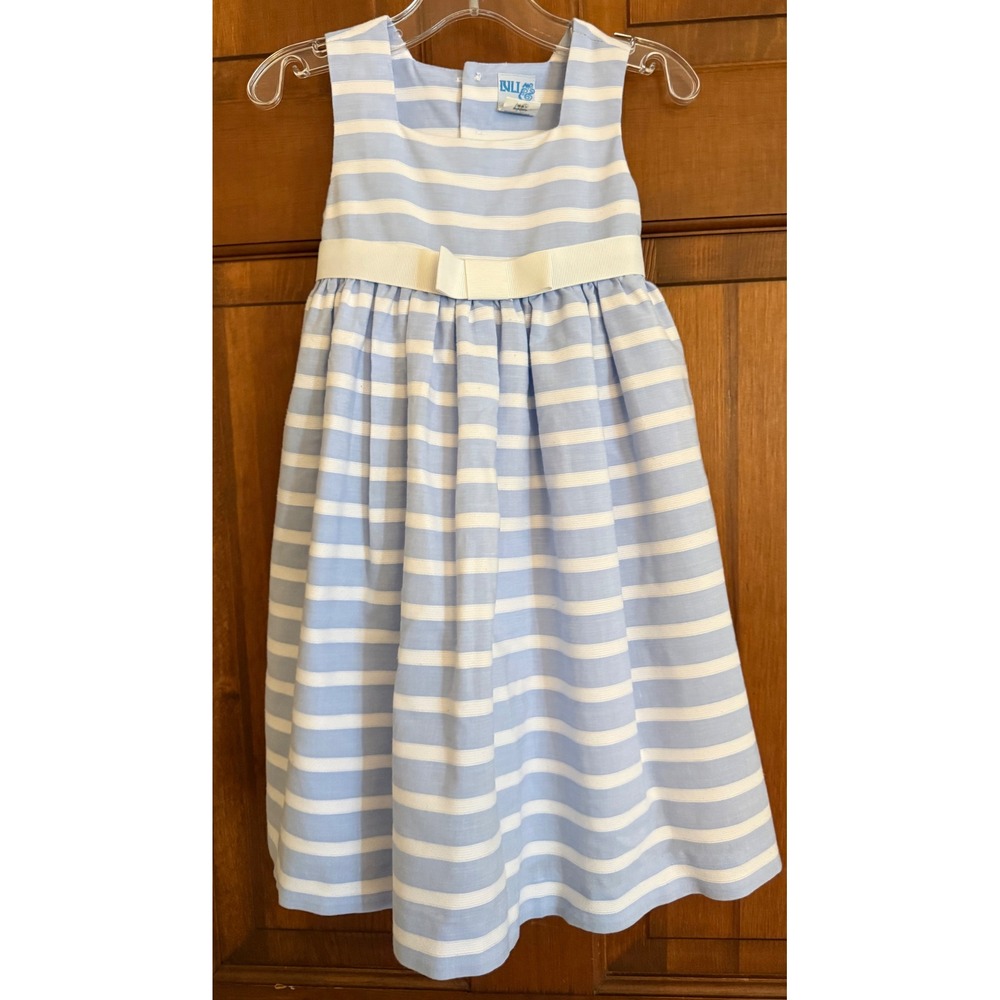 Luli‎ & Me Bow Dress Toddler Girls 2T Blue Striped Cotton Lined Summer Party